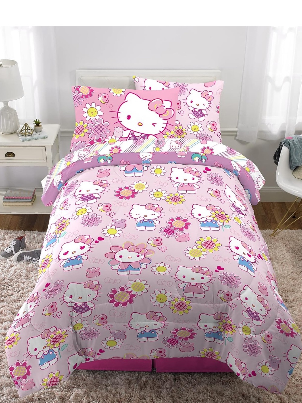Hello Kitty Rainbow Garden Girls 5 Pc Pink Reversible Comforter Sheets Set Twin - Picture 9 of 11